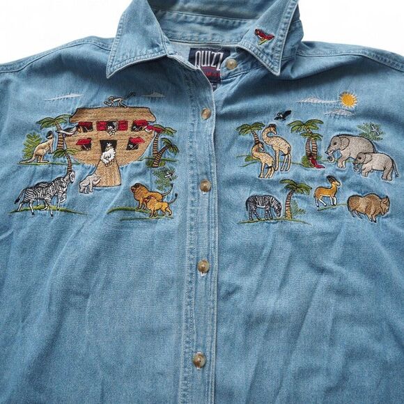 Quizz Vintage 90s "Noah Ark" Embroidered Denim SS Button Up Shirt Women's 20 - Picture 3 of 7